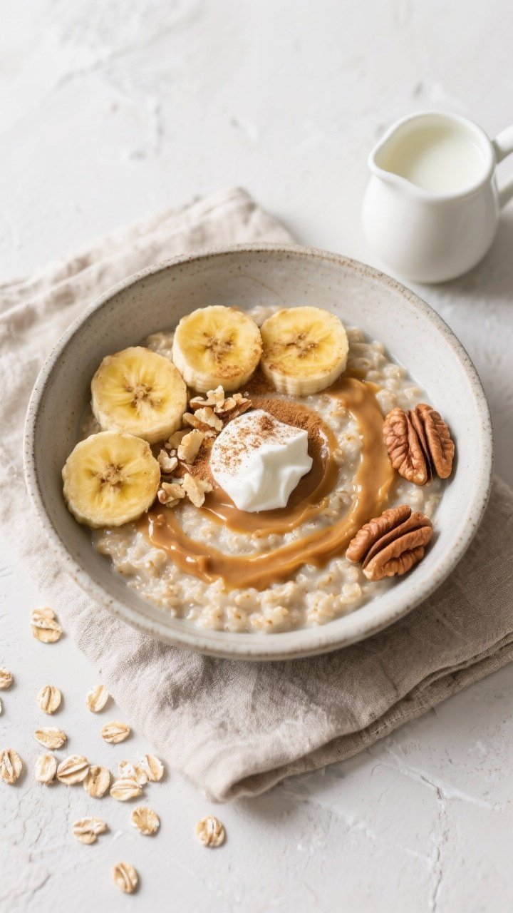 Tasty top view: Overhead shot of creamy cinnamon oatmeal swirled with mashed caramelized banana, top