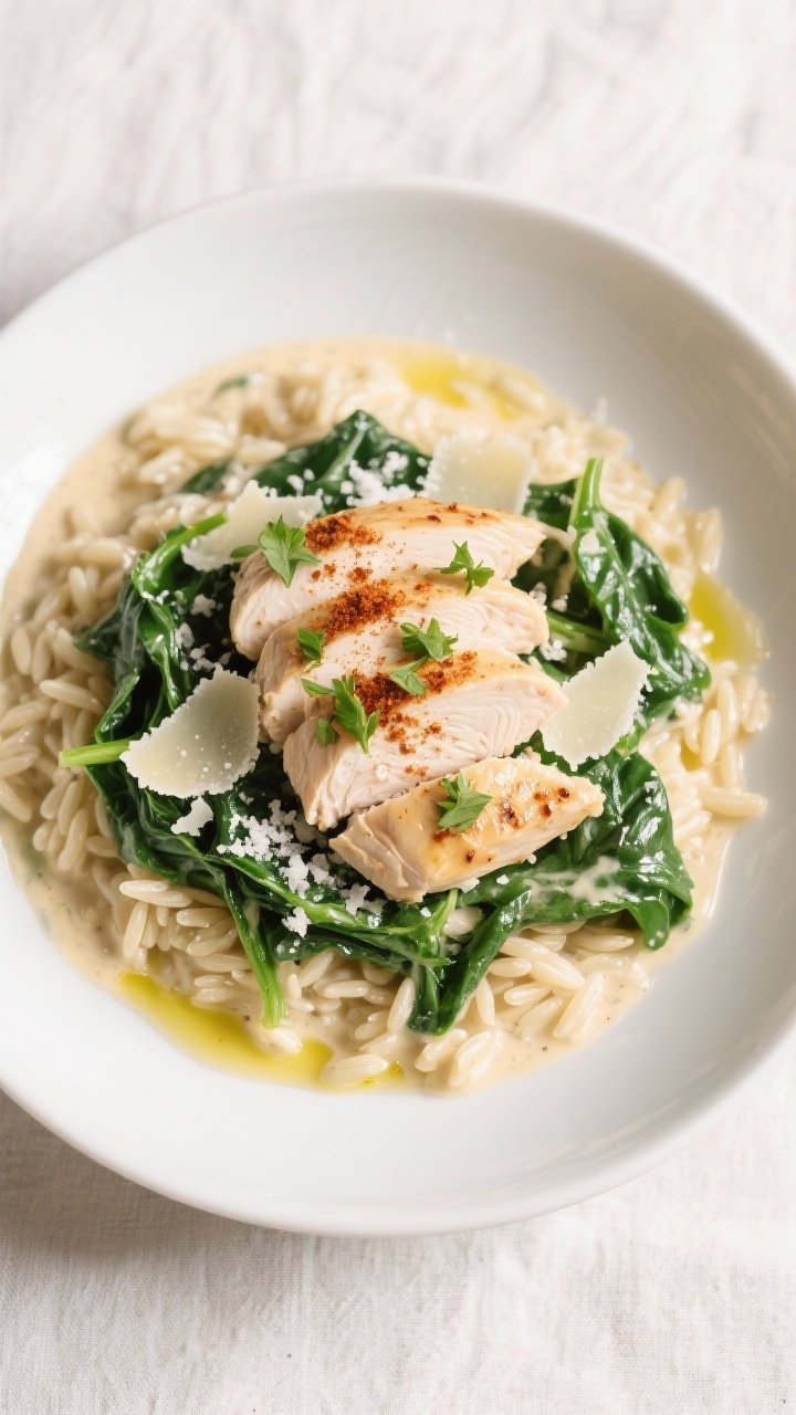 Tasty top view: Overhead shot of Creamy Garlic Chicken with Spinach served over al dente orzo in a w