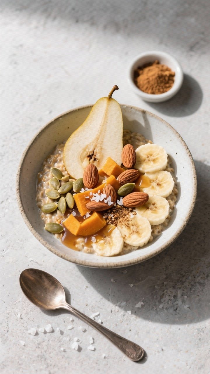 Tasty top view: Overhead shot of final plated Chai Latte Overnight Oats in a wide, shallow bowl, top