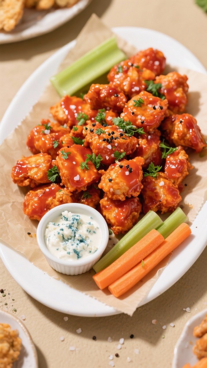 Tasty top view: Overhead shot of finished buffalo chicken bites piled on a white rimmed platter, lig