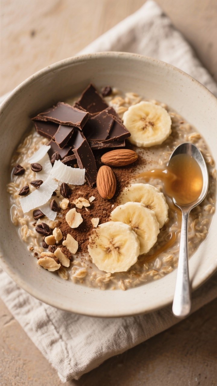 Tasty top view: Overhead shot of fully set Vanilla Latte Overnight Oats in a wide, low bowl, thick a