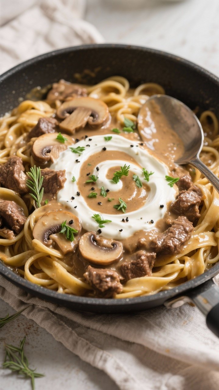 Tasty top view: Overhead shot of one-pan beef stroganoff just after noodles are cooked and dairy sti