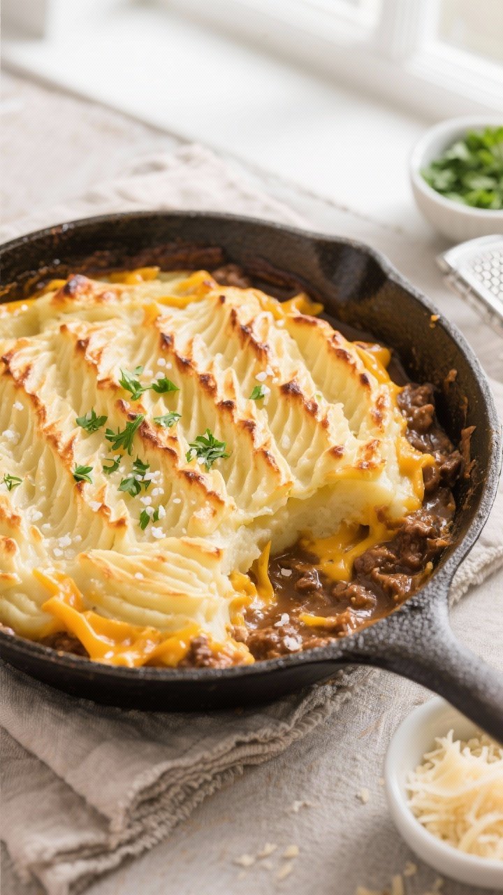 Tasty top view: Overhead shot of the assembled shepherd’s pie fresh from the oven—golden, ridged