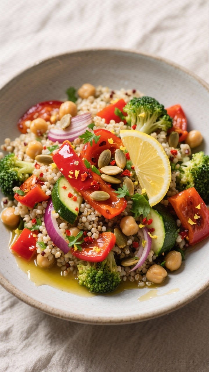Tasty top view: Overhead shot of the fiber-rich quinoa salad tossed with roasted red bell pepper, re
