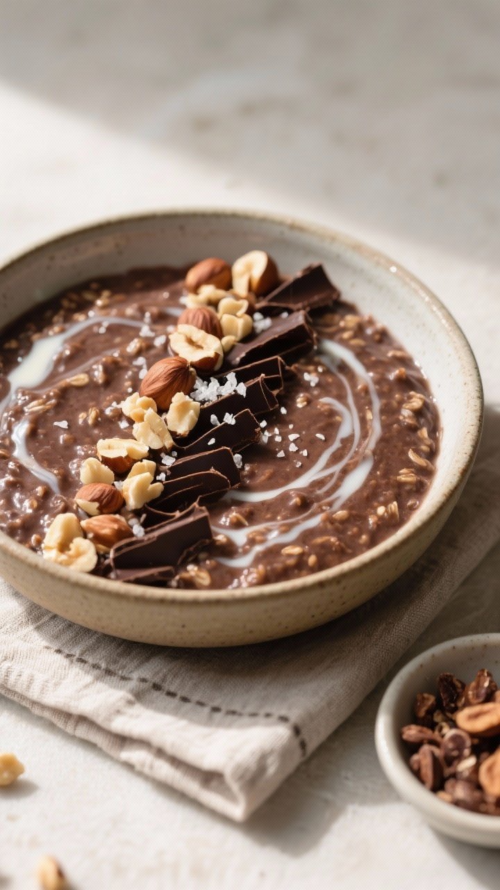 Tasty top view: Overhead shot of the final assembled overnight oats served in a low ceramic bowl, de