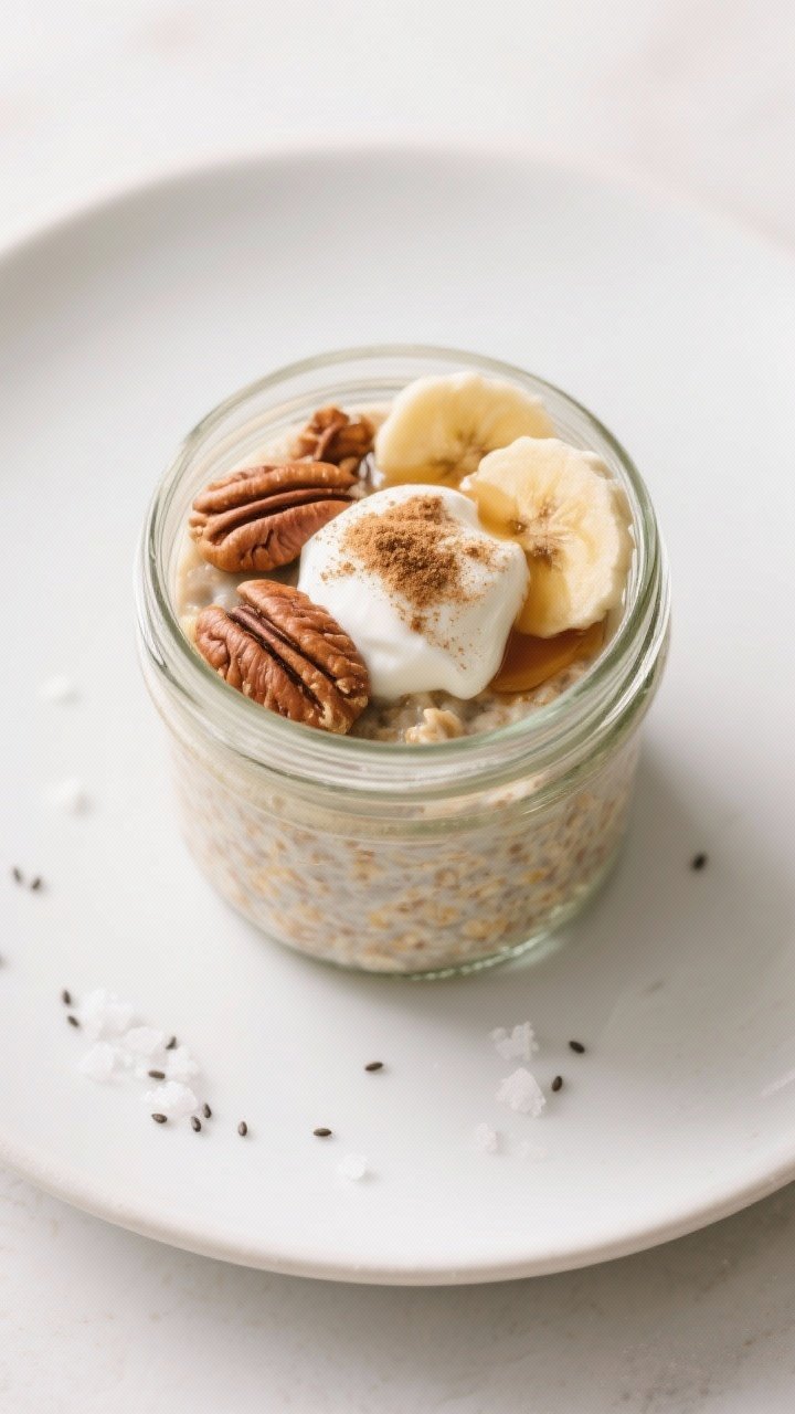 Tasty top view: Overhead shot of the final Maple Cinnamon Overnight Oats in a wide-mouth mason jar,