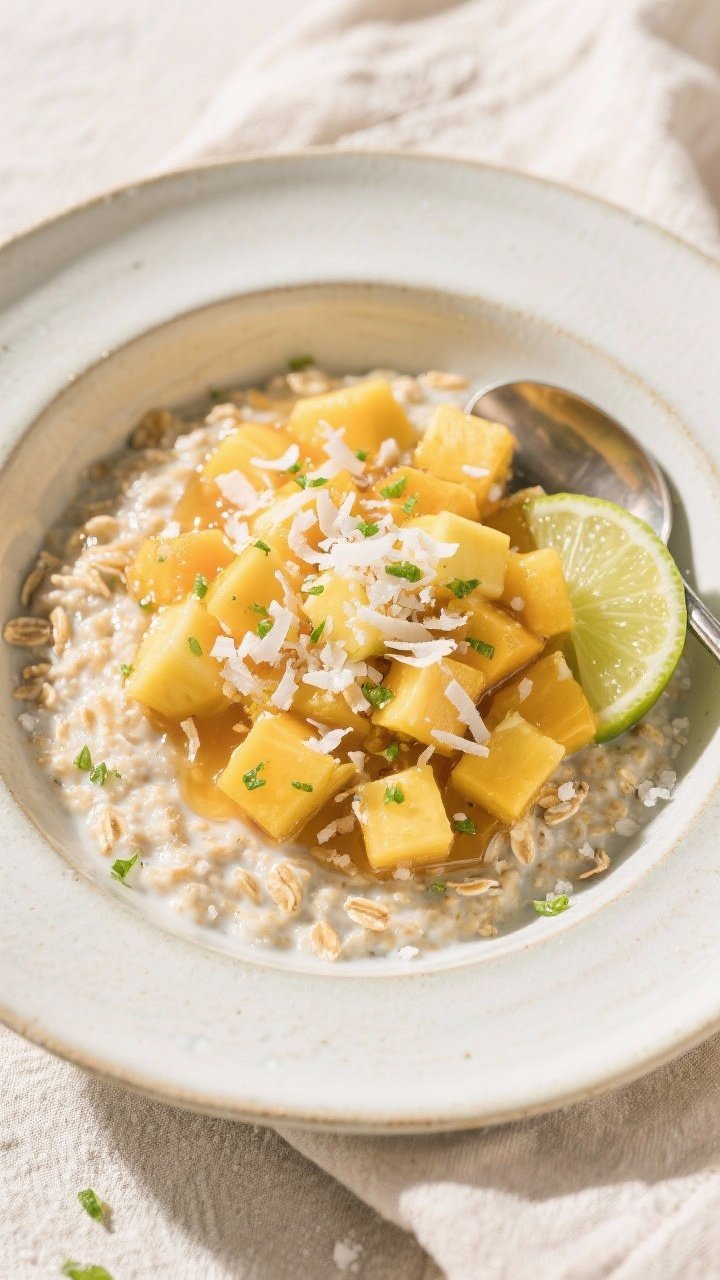Tasty top view: Overhead shot of the final plated Tropical Paradise Overnight Oats in a wide, shallo