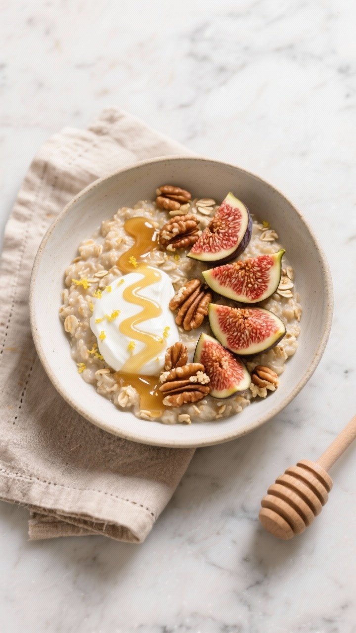 Tasty top view: Overhead shot of the final plated Warm Fig & Walnut Oatmeal—oats spread in a wide,