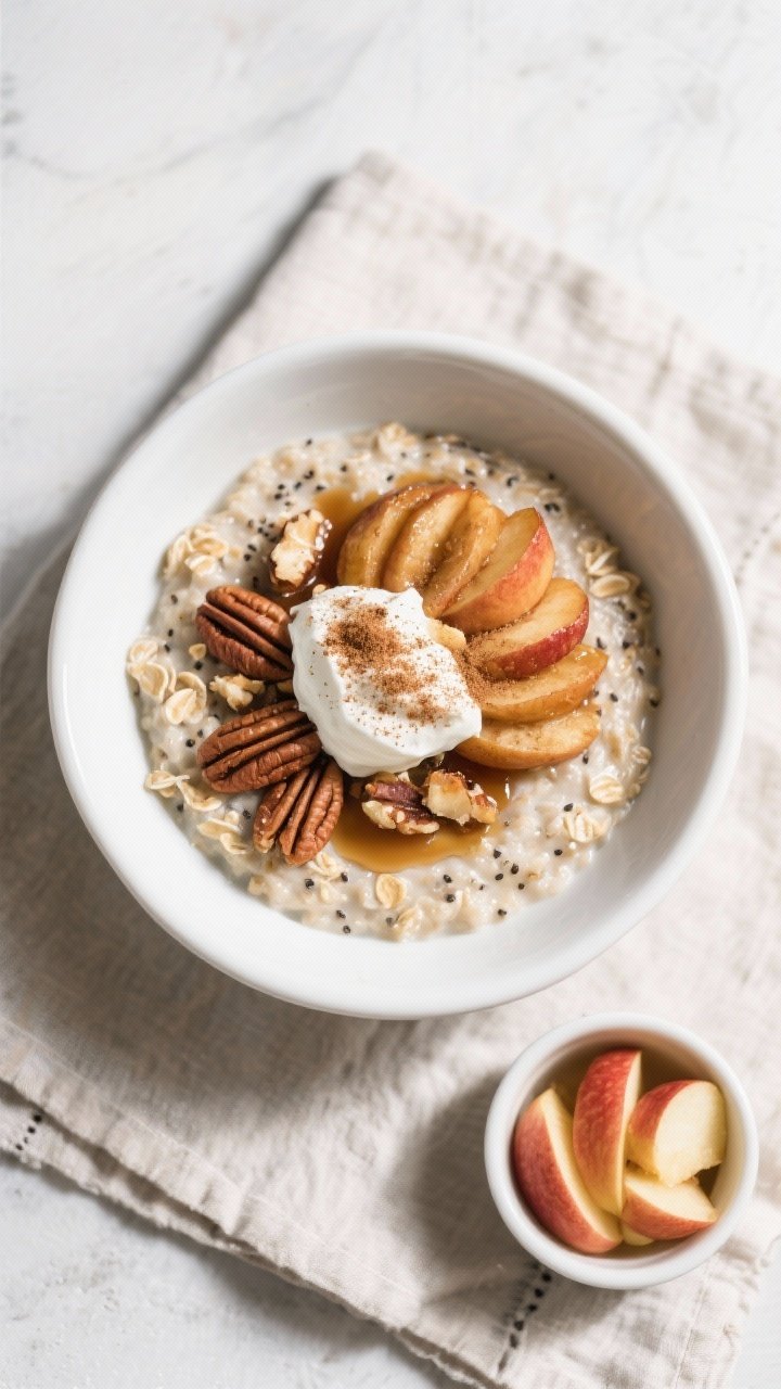 Tasty top view: Overhead shot of the finished Apple Pie Oatmeal bowl—creamy oat base with chia and
