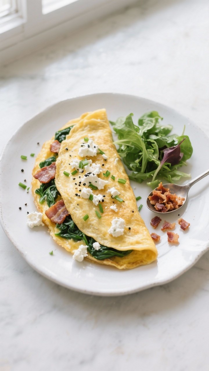 Tasty top view: Overhead shot of the finished Bacon, Spinach & Goat Cheese Omelette on a white ceram