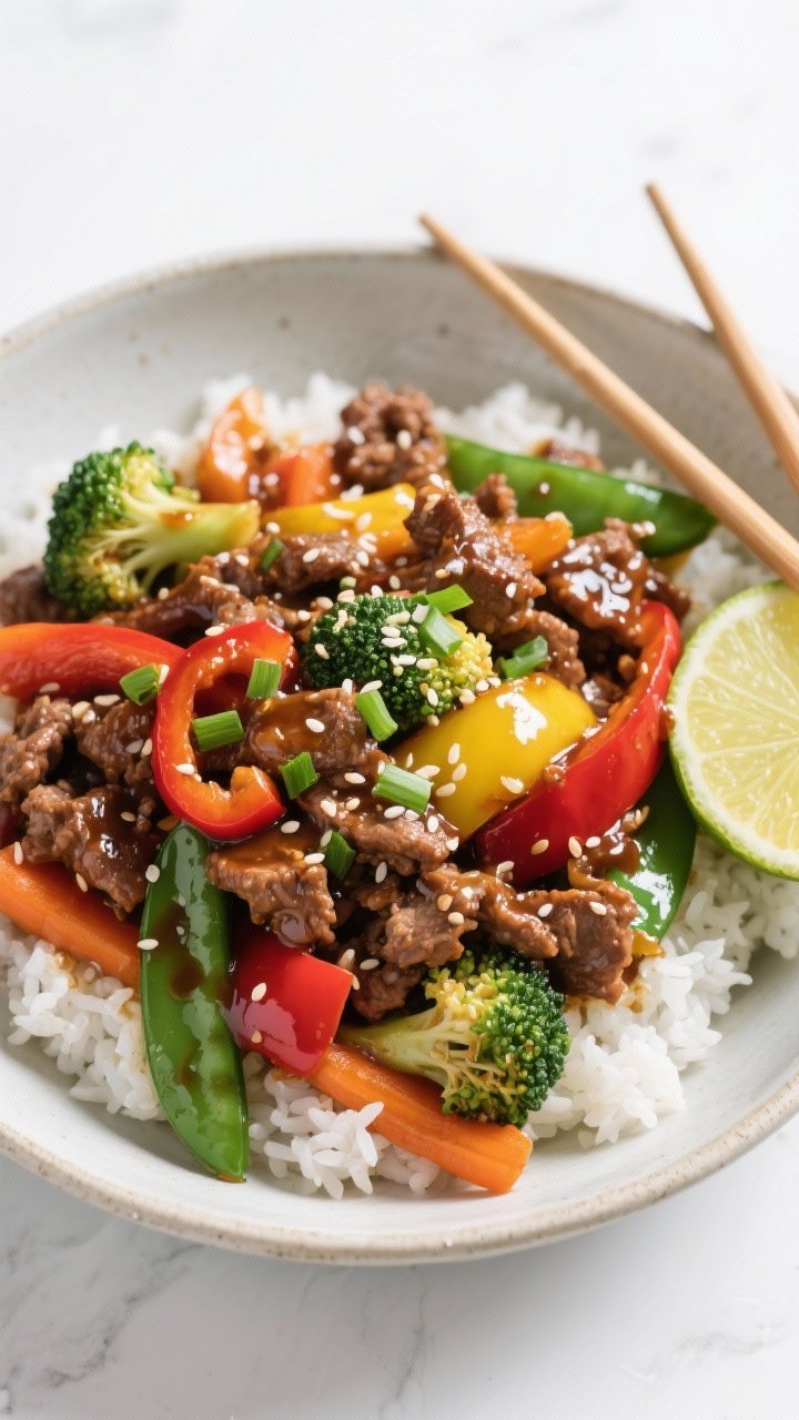 Tasty top view: Overhead shot of the finished ground beef and veggie stir-fry tossed in a thick, glo