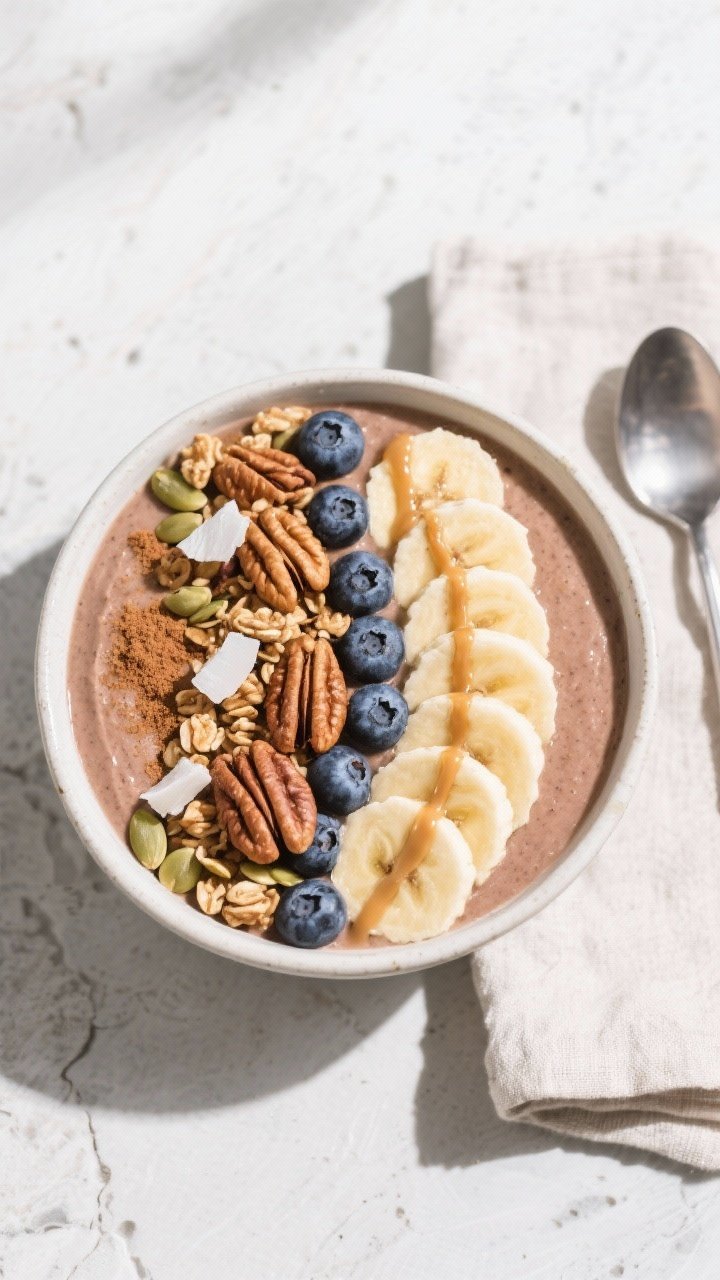 Tasty top view: Overhead shot of the finished High Fiber Banana Cinnamon Smoothie Bowl, topped with 