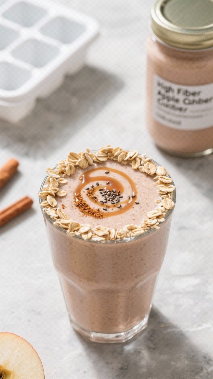 Tasty top view: Overhead shot of the finished High Fiber Apple Cinnamon Smoothie in a wide tumbler,