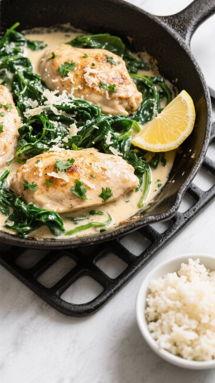 Tasty top view: Overhead shot of the finished One-Pan Creamy Garlic Chicken Skillet, chicken pieces 