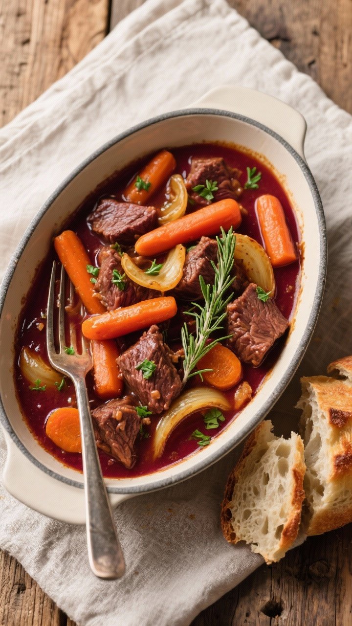 Tasty top view: Overhead shot of the finished Red Wine Beef, Carrot & Thyme Comfort Stew in a wide, 