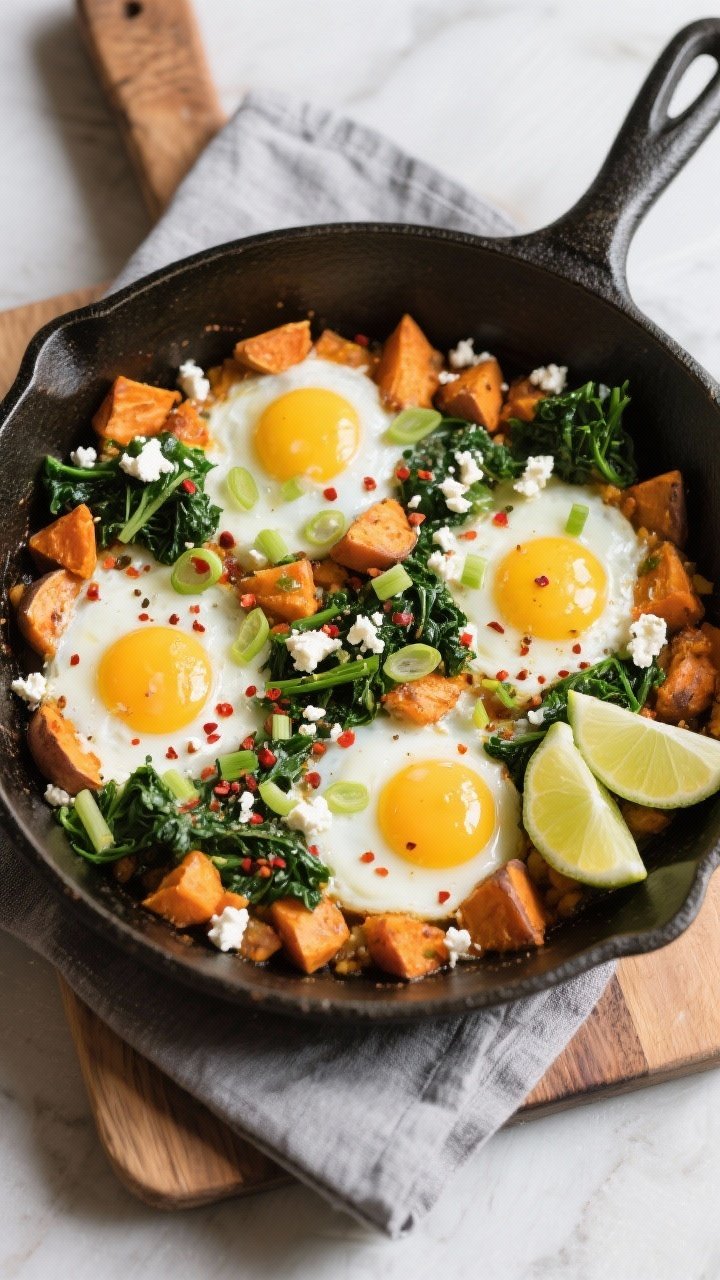 Tasty top view: Overhead shot of the finished sweet potato and kale breakfast hash in a wide skillet