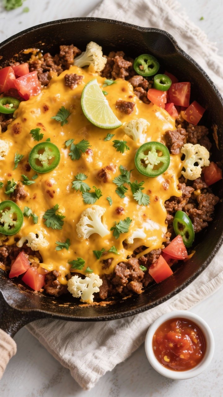 Tasty top view: Overhead shot of the finished taco skillet just after melting, a golden-tinged blank