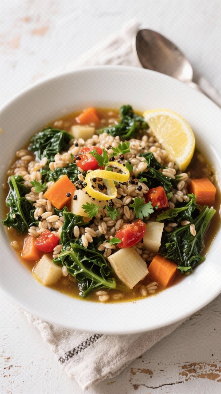 Tasty top view: Overhead shot of the finished Winter Vegetable Barley Stew in a wide, low white bowl