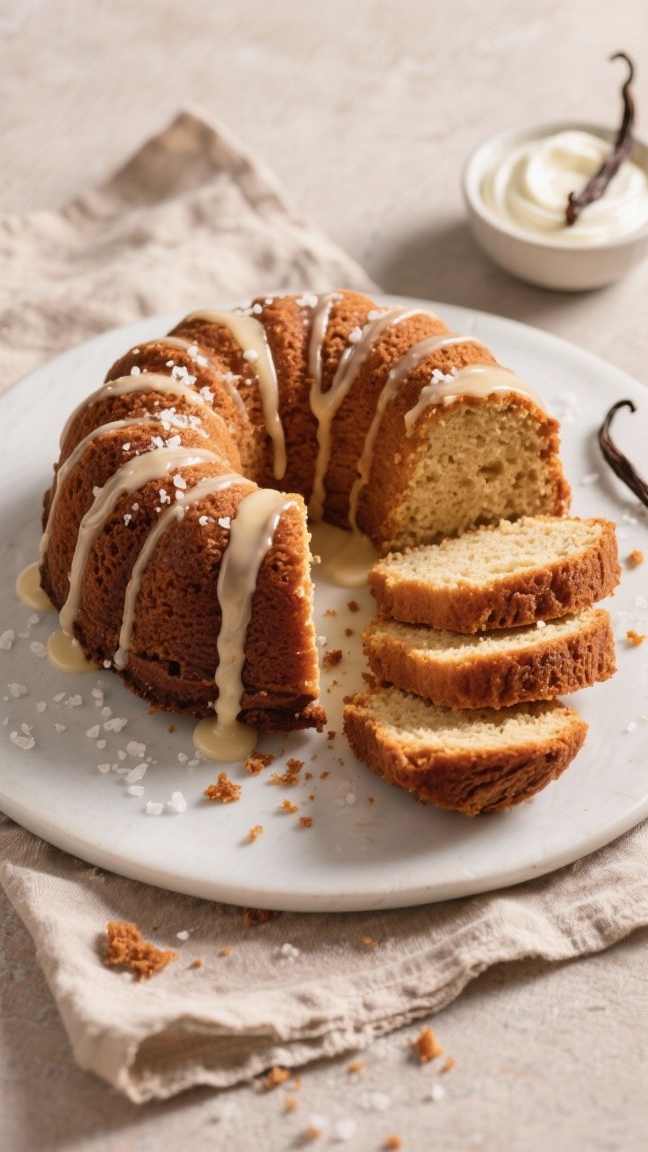 Tasty top view: Overhead shot of the fully cooled Brown Sugar Pound Cake with a thin vanilla glaze e
