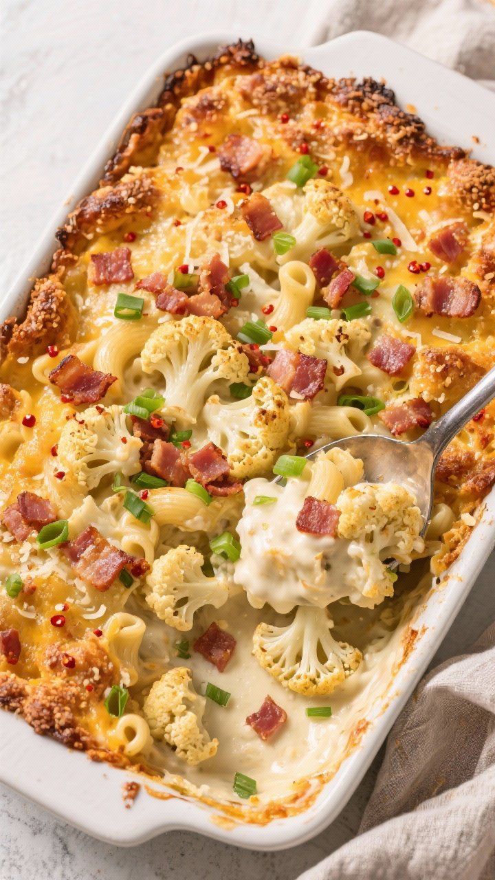 Tasty top view: Overhead shot of the Loaded Cauliflower Mac & Cheese Bake in a 9x13 dish just out of
