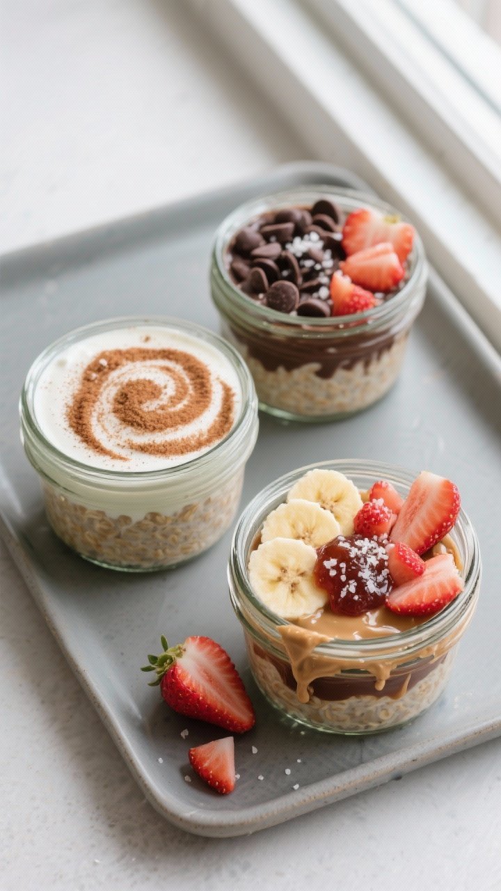 Tasty top view: Overhead shot of three meal-prep jars filled with the final strawberry banana overni