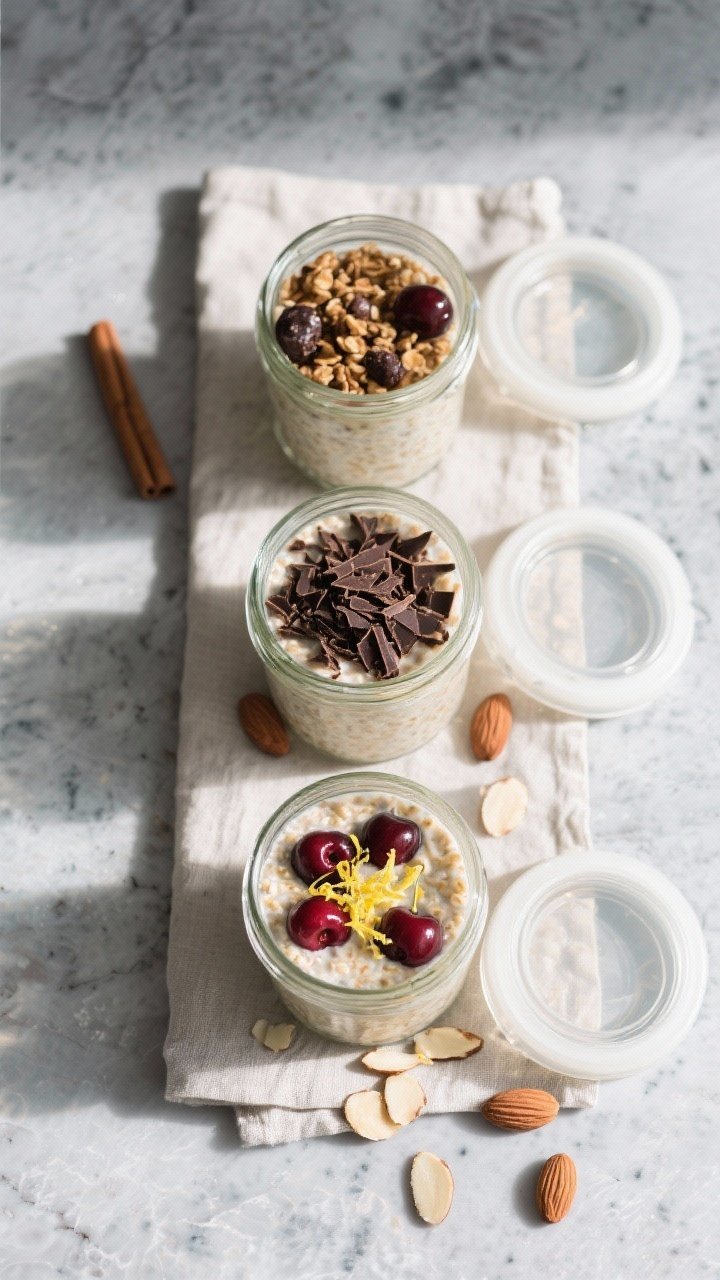 Tasty top view: Overhead shot of three meal-prep jars of cherry almond overnight oats lined up on a
