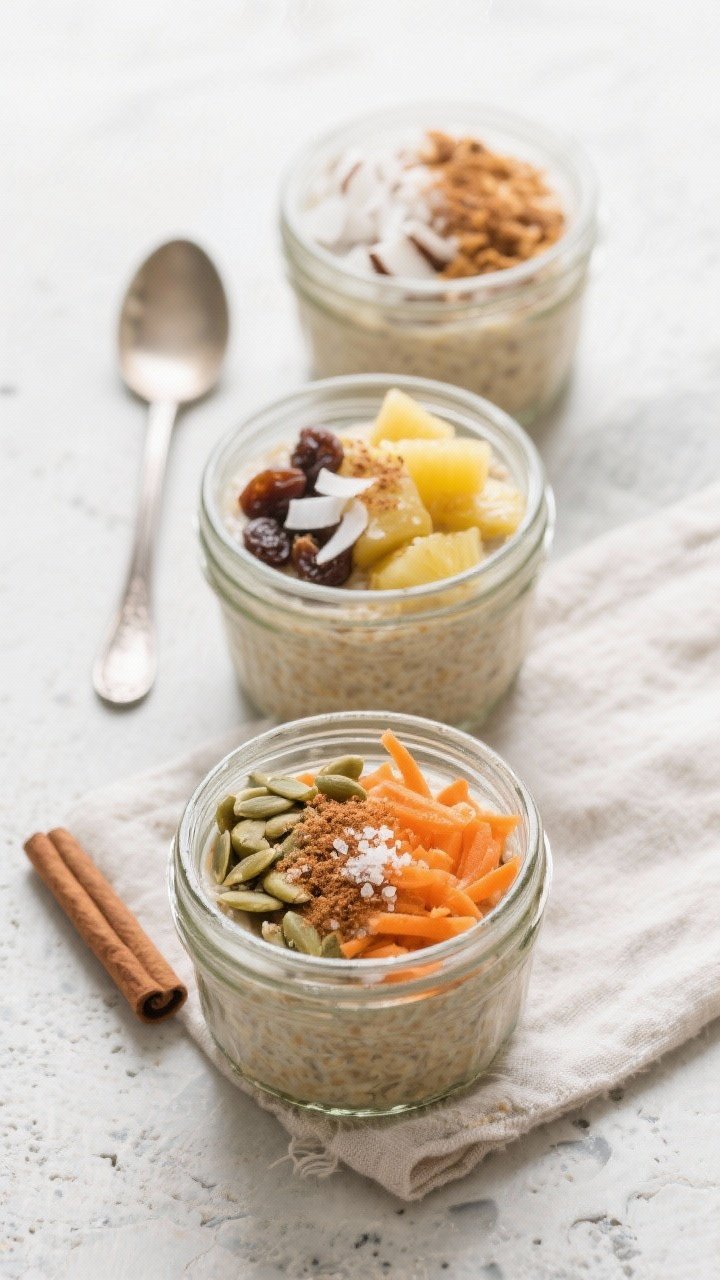 Tasty top view: Overhead shot of three meal-prepped jars of carrot cake overnight oats on a light st