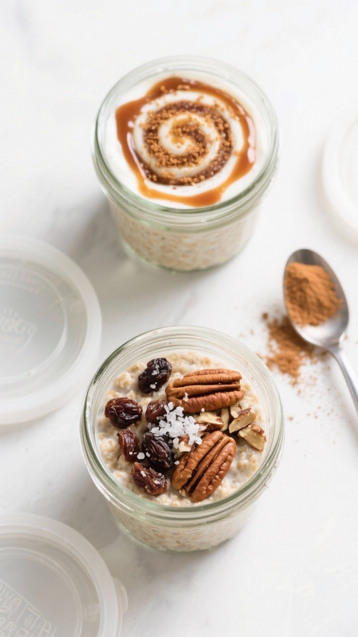 Tasty top view: Overhead shot of two meal-prep jars filled with cinnamon roll overnight oats, lids o