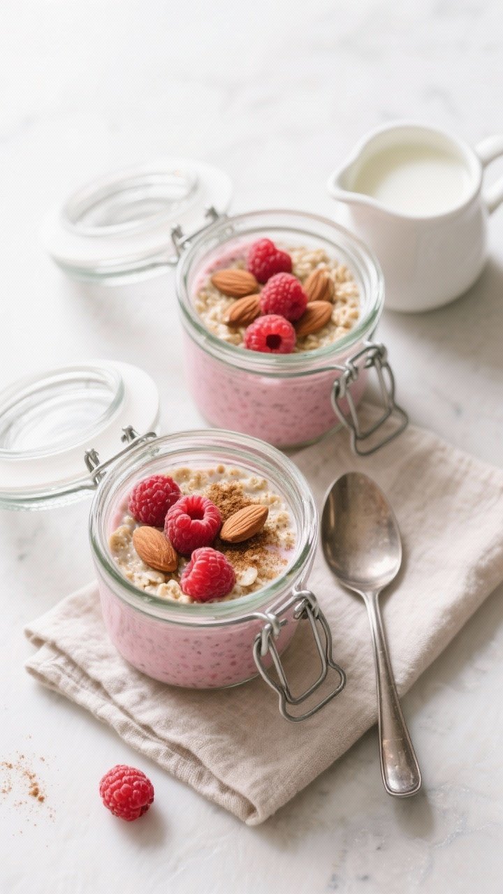 Tasty top view: Overhead shot of two open 12–16 oz glass jars filled with raspberry almond butter