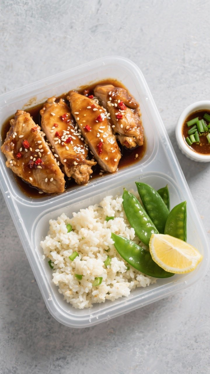 Tasty top-view shot: Overhead image of a meal-prep style spread—two compartments: honey garlic chi