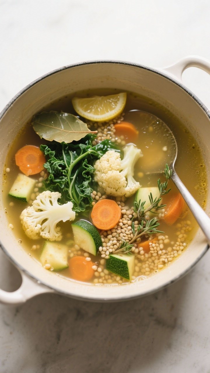 Tasty top view — Simmering body of the soup: Overhead shot of the soup mid-simmer showing cauliflo