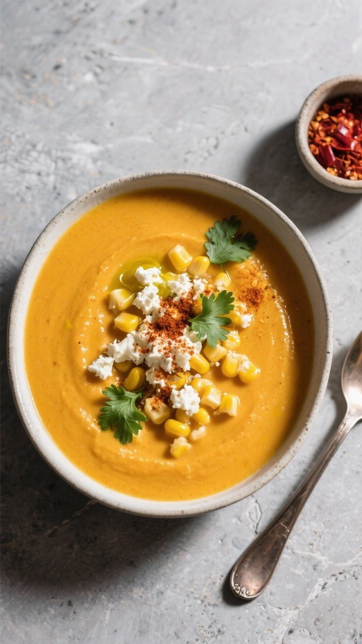 Tasty top view, texture-forward: Overhead shot of the finished soup showcasing contrast between the 