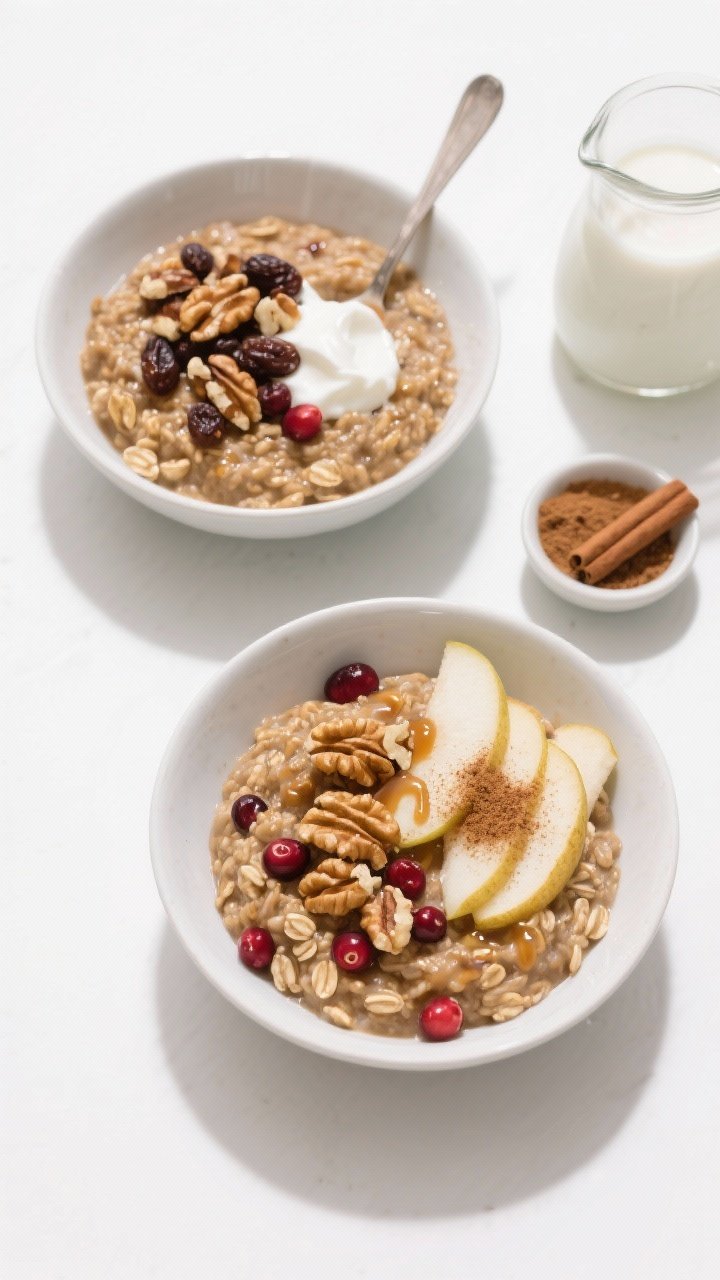 Top-down “tasty” overhead: Overhead shot of two bowls of Gingerbread Cookie Oatmeal with differe