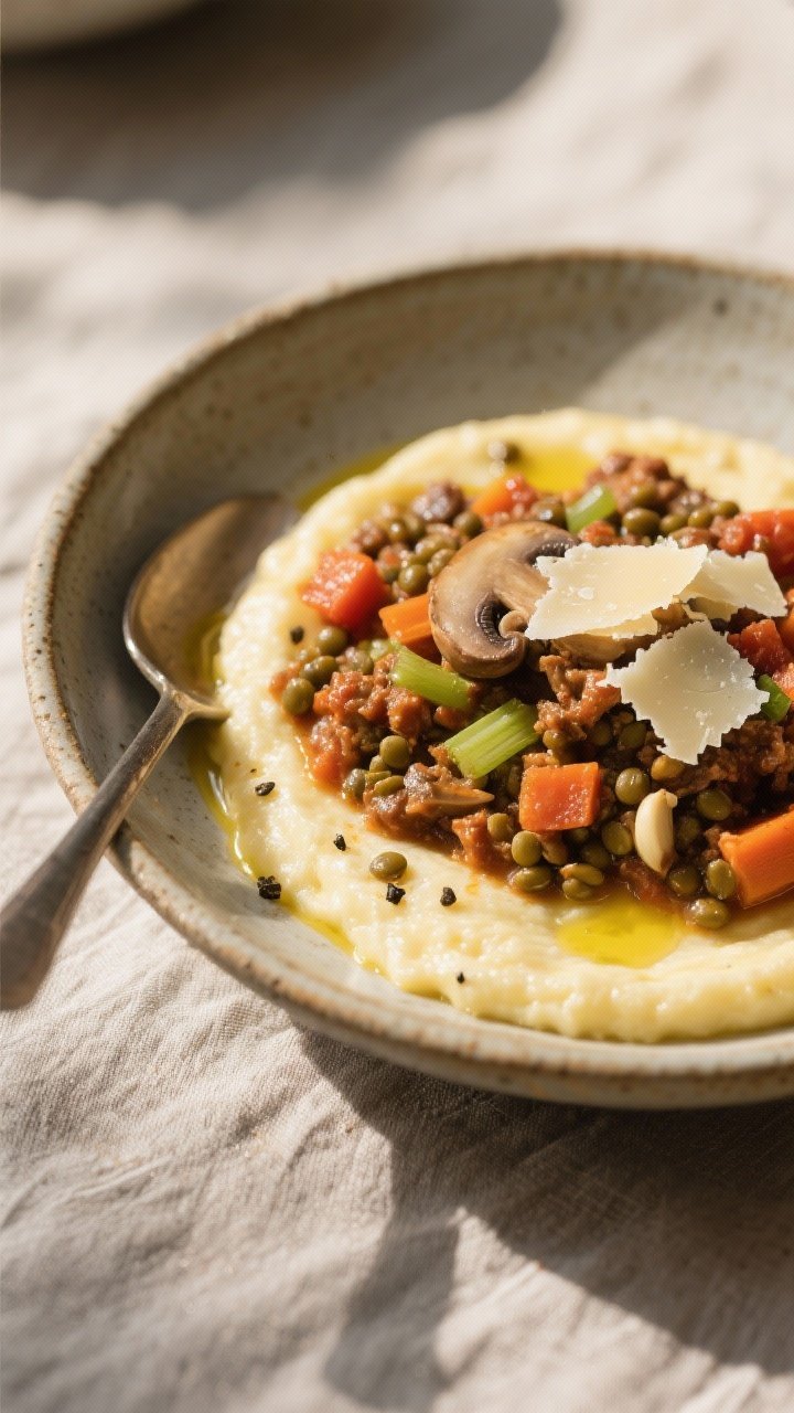 45-degree angle bowl of mushroom and lentil bolognese over creamy polenta: deeply savory sauce of finely diced onion, carrot, celery, and very finely chopped mushrooms with garlic, tomato paste, and lentils, spooned generously over soft polenta; parmesan shavings, olive oil drizzle, and cracked pepper on top; rustic ceramic bowl on a linen, cozy afternoon light.