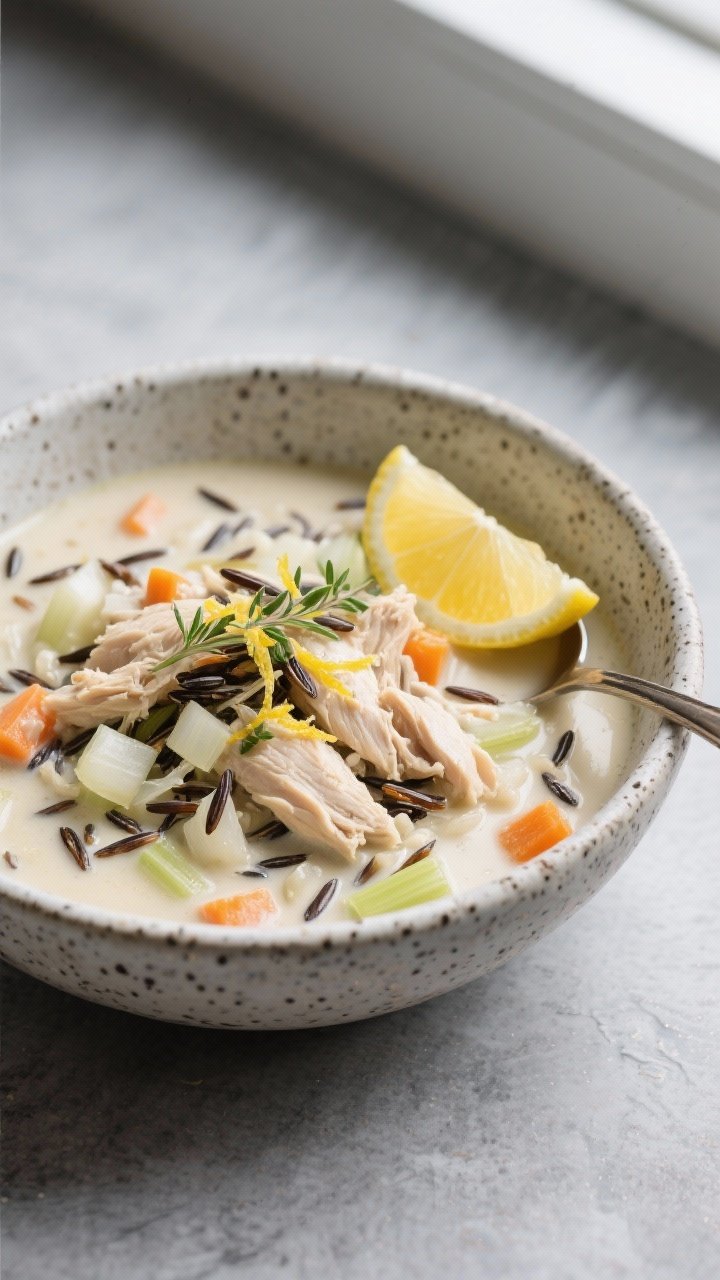 45-degree angle bowl shot of creamy chicken and wild rice stew: shredded boneless chicken thighs nestled in a thick, ivory broth with long wild rice grains, diced onions, carrots, and celery; lemon zest and thyme leaves sprinkled over, a thin lemon slice perched on the rim; served in a speckled stoneware bowl on a cool gray surface, spoon alongside, soft natural window light.