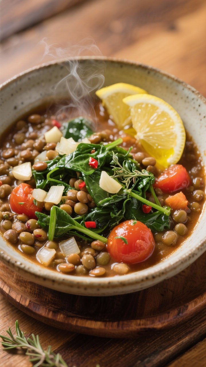 45-degree angle of a garlicky lentil, tomato, and spinach stew ladled into a rustic bowl: brown/green lentils simmered with diced onion, abundant minced garlic, oregano, cumin, a pinch of red pepper flakes, and tomatoes, finished with wilted spinach and a squeeze of lemon. Steam rising, lemon wedges and a drizzle of olive oil on top, served on a warm wooden table.