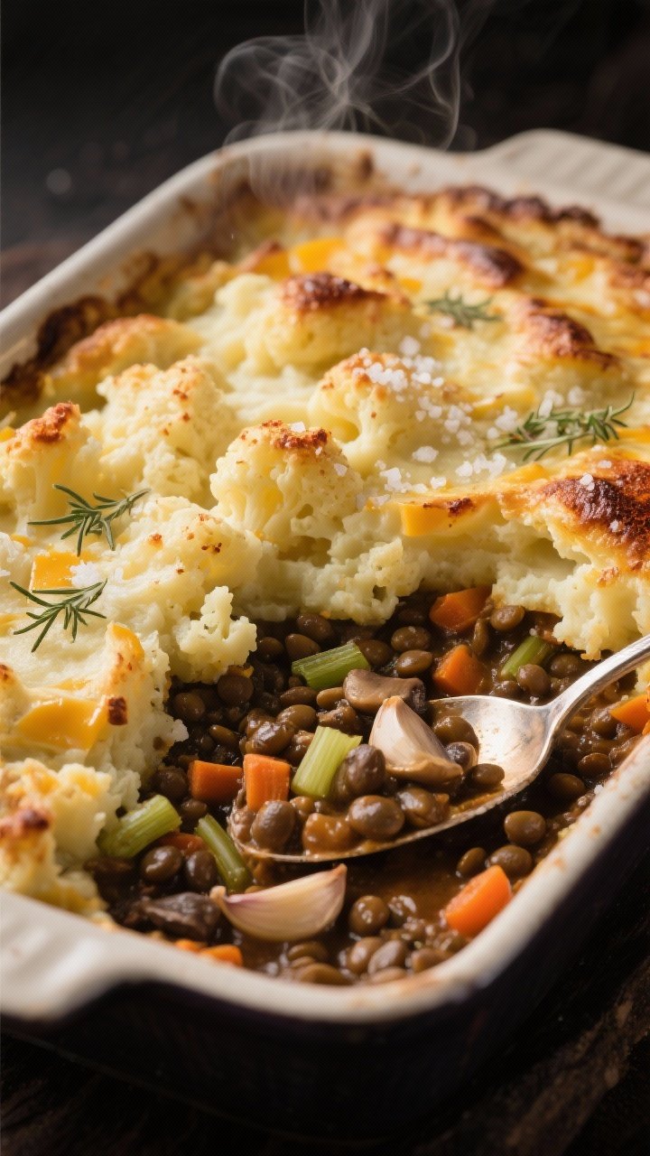 45-degree angle of a rustic baking dish of smoky lentil shepherd’s pie: a hearty lentil, carrot, celery, onion, cremini mushroom, garlic base seasoned with smoked paprika and dried thyme, topped with a golden, slightly blistered cheddar cauliflower mash; steam rising, flaky salt on top, served with a spoon revealing the saucy filling beneath, moody light evoking comfort food.