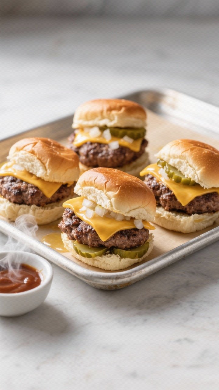 45-degree angle of smash burger sliders lined on a baking tray: thin, craggy-edged smashed patties on soft slider buns brushed with melted butter, half-slices of American cheese melting over, finely minced onions peeking out, pickle chips visible under the top bun; a small dish of secret sauce nearby, steam faintly rising, clean modern background.