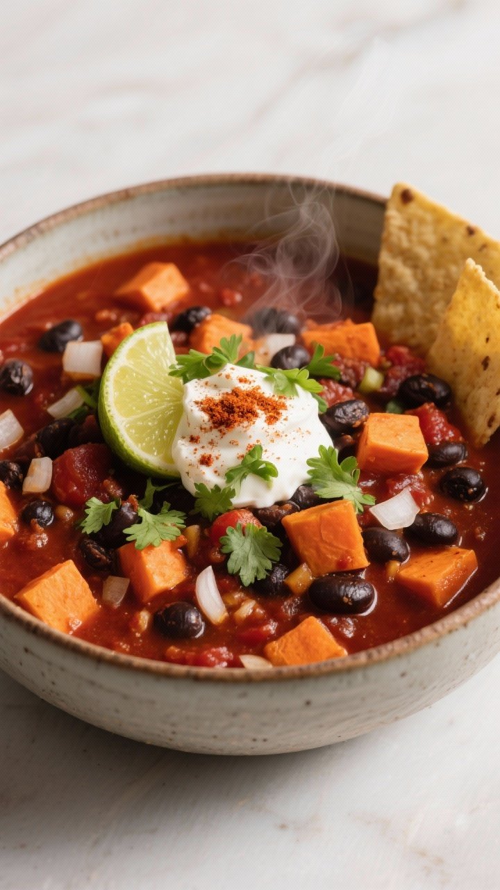 45-degree angle of smoky sweet potato and black bean chili in a heavy ceramic bowl: deep rust-red crushed tomato base with orange sweet potato cubes, black beans, diced onion, and garlic; faint steam, a dollop of sour cream, chopped cilantro, and a sprinkle of smoked paprika on top; lime wedge and tortilla chips at the edge for color and texture.