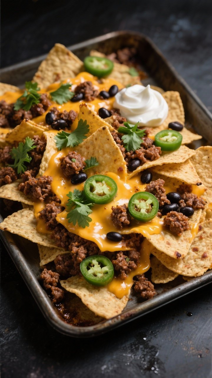 45-degree angle of ultimate sheet pan nachos fresh from the oven on a dark metal sheet: sturdy tortilla chips piled with taco-seasoned ground beef (moist from a splash of water), black beans, and a duo of melted cheeses (cheddar and Monterey Jack) bubbling and browned at edges; garnished with fresh jalapeño slices, chopped cilantro, and a dollop of sour cream off to the side; crunchy textures emphasized, dramatic side lighting.