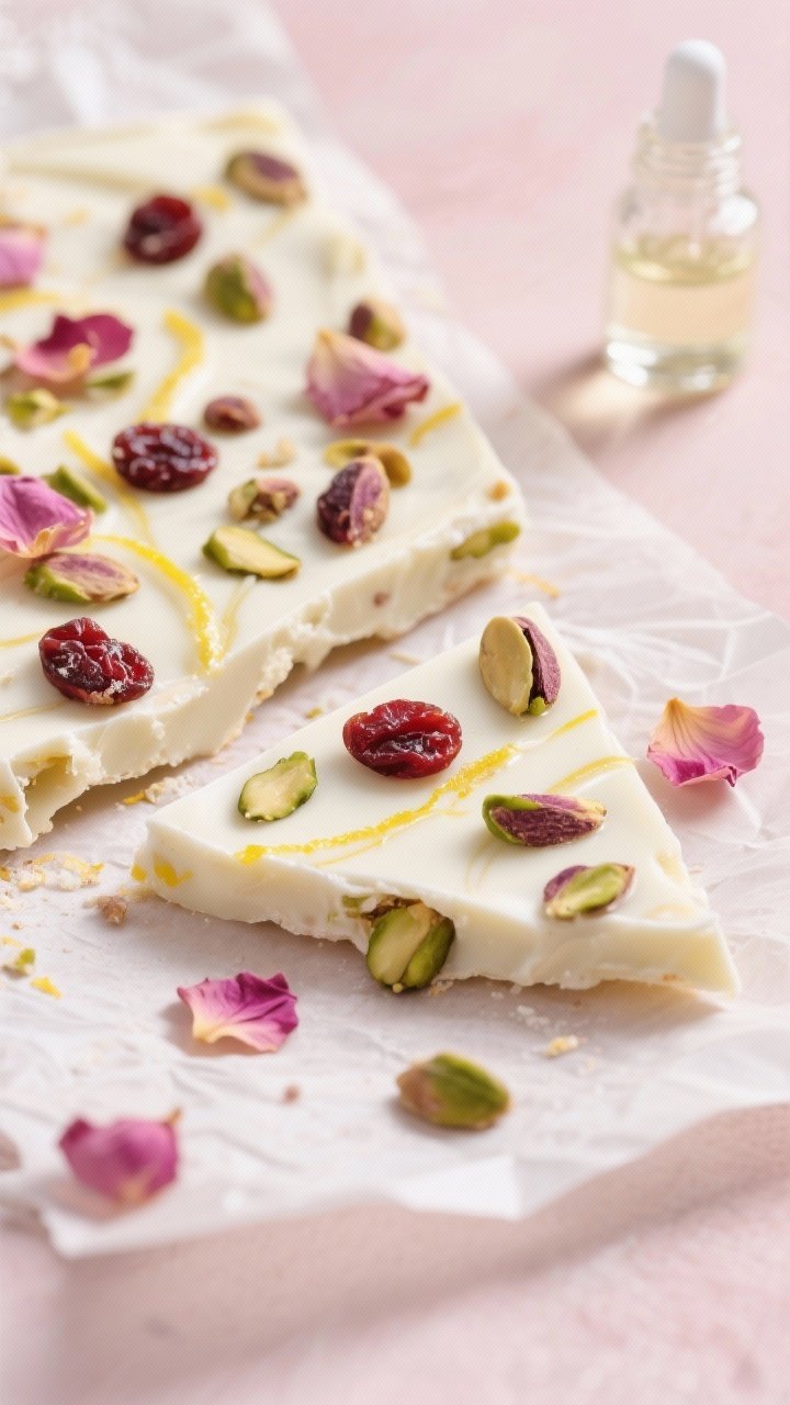 45-degree angle of white chocolate pistachio bark with rose petals: a large broken slab on parchment, gleaming white chocolate marbled with lemon zest, studded with roughly chopped pistachios and chopped dried cranberries, and dotted with delicate dried rose petals; a tiny dropper or bottle suggesting rose water nearby; airy, romantic styling with soft blush tones.