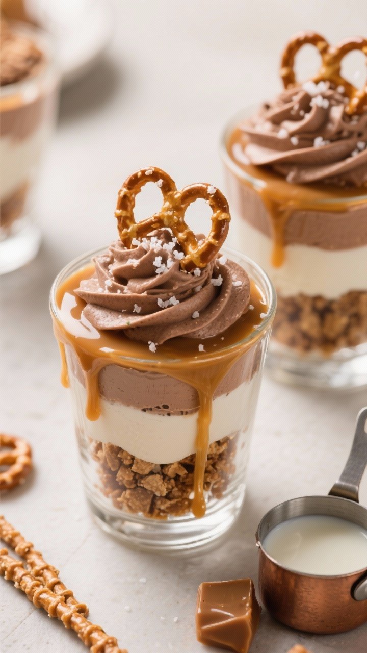45-degree angle parfaits in clear glasses showing layers: crushed salted pretzels, thick caramel sauce, and a light chocolate whipped cream (heavy cream whipped with powdered sugar, cocoa, vanilla); extra caramel drip along the rim, pretzel twists perched on top, a pinch of flaky salt; a small saucepan with melted caramels and milk off to the side; warm, indulgent styling.