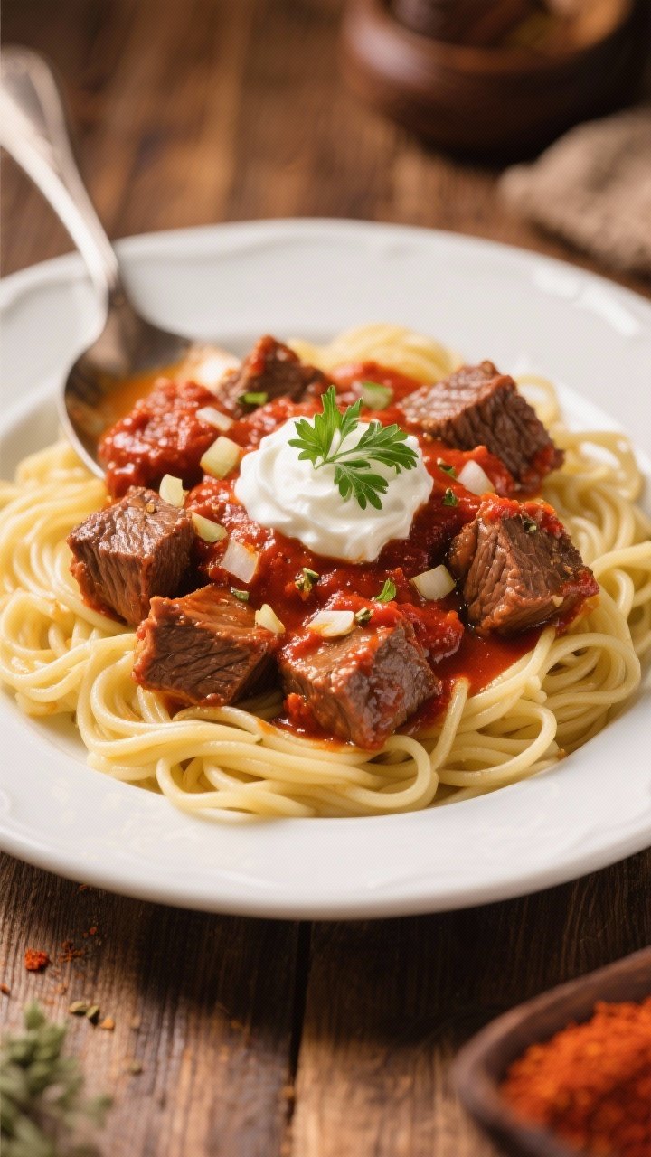 45-degree angle plated Hungarian-style paprika beef over buttered noodles: tender cubes of beef chuck coated in a brick-red sauce featuring sweet Hungarian paprika, a hint of smoked paprika, minced garlic, chopped onion, and subtle caraway; spooned over glossy buttered egg noodles; finished with a dollop of sour cream and parsley; warm, cozy lighting on a wooden table.