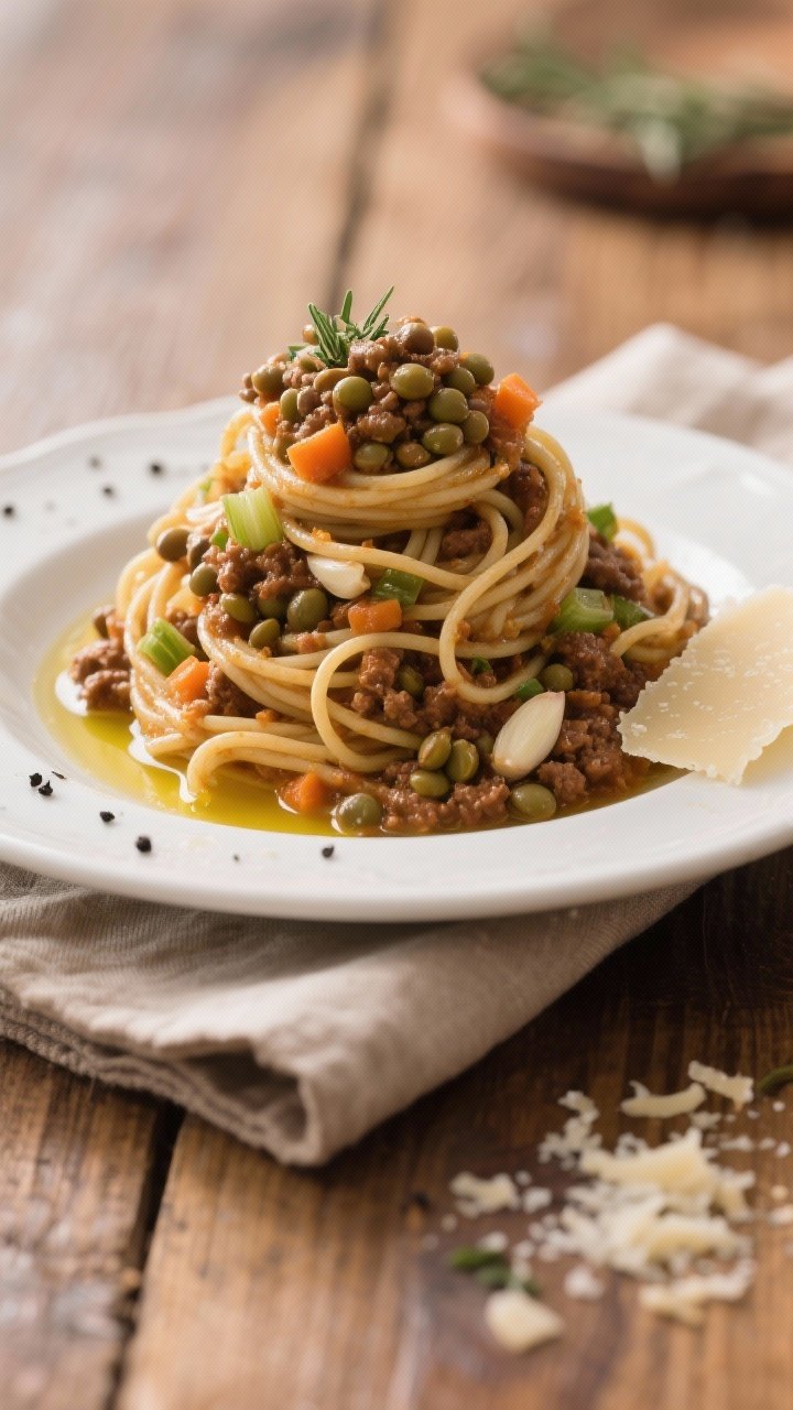 45-degree angle plated scene of lentil bolognese over garlicky whole-wheat pasta: al dente whole-wheat spaghetti swirled high and topped with a thick, rustic sauce of brown/green lentils, finely chopped onion, carrots, celery, and garlic with dried Italian herbs; a sheen of olive oil and cracked black pepper; grated Parmesan-style topping optional prop on the side; warm, cozy Italian mood on a wooden table with a linen napkin.