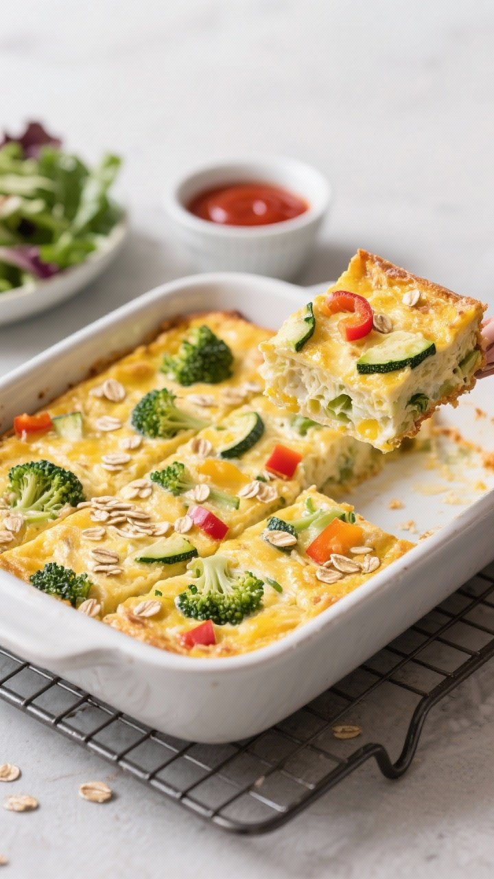 45-degree baking dish of baked oat and veggie frittata squares: golden egg bake with milk and quick oats folded in, studded with chopped broccoli florets, grated zucchini (well-squeezed), and colorful peppers. Cut into neat squares, one piece lifted to show moist interior; served on a cooling rack with a small bowl of hot sauce and a simple side salad.