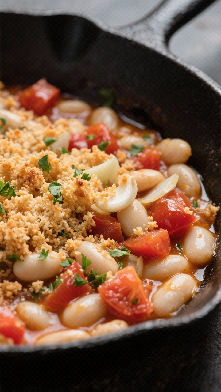 45-degree close-up of a garlicky white bean and tomato skillet topped with crispy breadcrumbs: cannellini beans simmered in diced tomatoes with thinly sliced garlic and finely diced shallot, olive oil shimmering; golden toasted breadcrumb shower on top, flecks of parsley, visible texture of creamy beans and saucy tomatoes; shallow depth of field in a black skillet.
