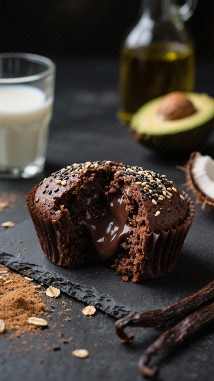 45-degree close-up of double-chocolate banana oat muffins split open to reveal a moist, dark crumb with melting chocolate and a glitter of chia crunch on top. Style with a splash of milk (almond or dairy) in a small glass, coconut sugar scattered on the surface, vanilla pod nearby, avocado oil bottle in the background. Moody, dark slate surface to intensify the cocoa tones, shallow depth of field emphasizing glossy chocolate.