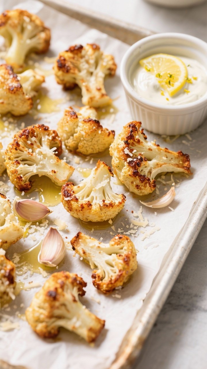 45-degree close-up of garlic-Parmesan cauliflower bites on a parchment-lined sheet: florets roasted with olive oil, paprika, salt, and pepper, then tossed in melted butter, fresh garlic, and grated Parmesan; crispy browned edges with Parmesan flecks; a side ramekin of lemon ranch with lemon zest garnish; bright, crisp lighting highlighting texture.