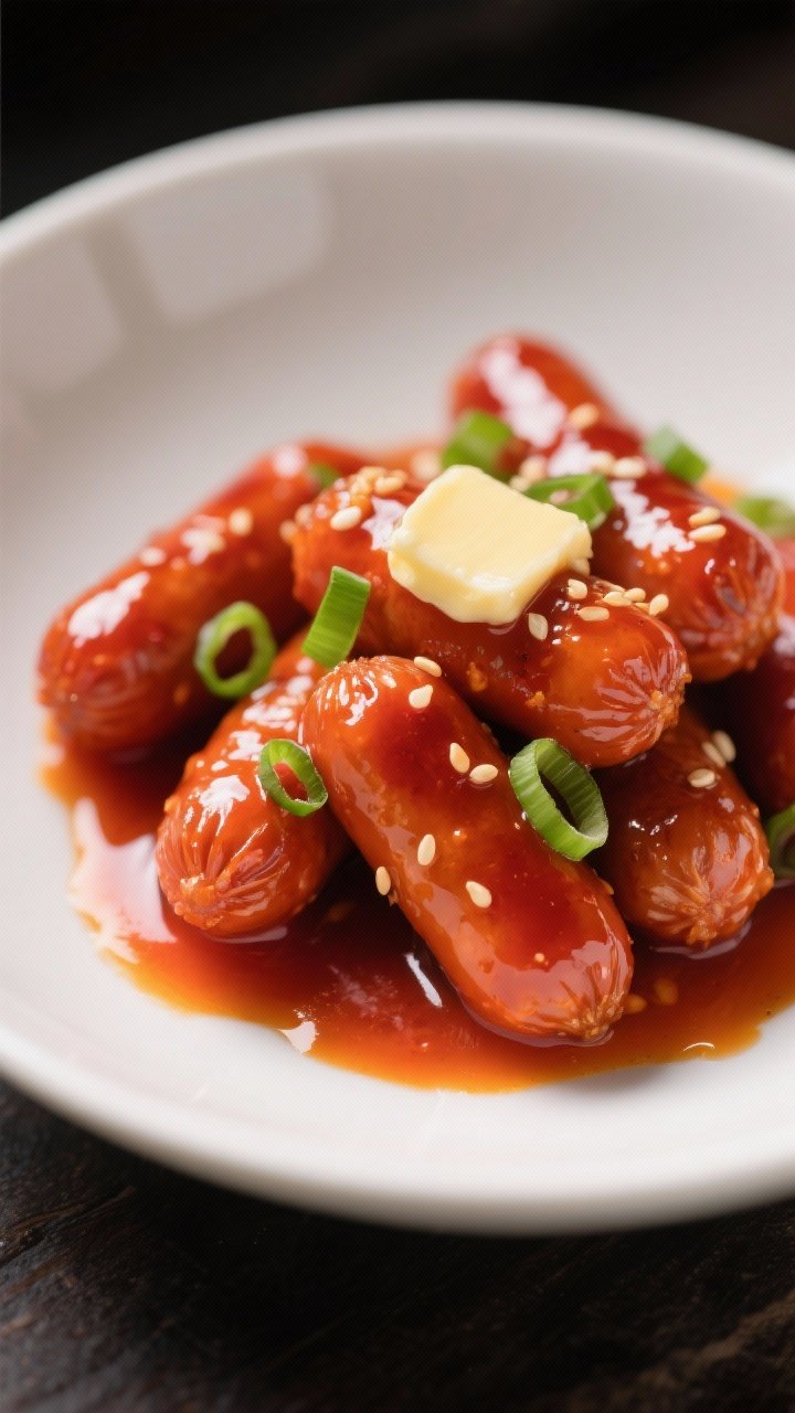 45-degree close-up of honey sriracha little smokies in a shallow white bowl, glistening in a sticky red-orange glaze of honey, sriracha, soy sauce, and a pat of butter for gloss; topped with sliced green onions and a sprinkle of sesame seeds; thick lacquered sauce pooling lightly at the bottom, moody lighting to showcase shine and texture.