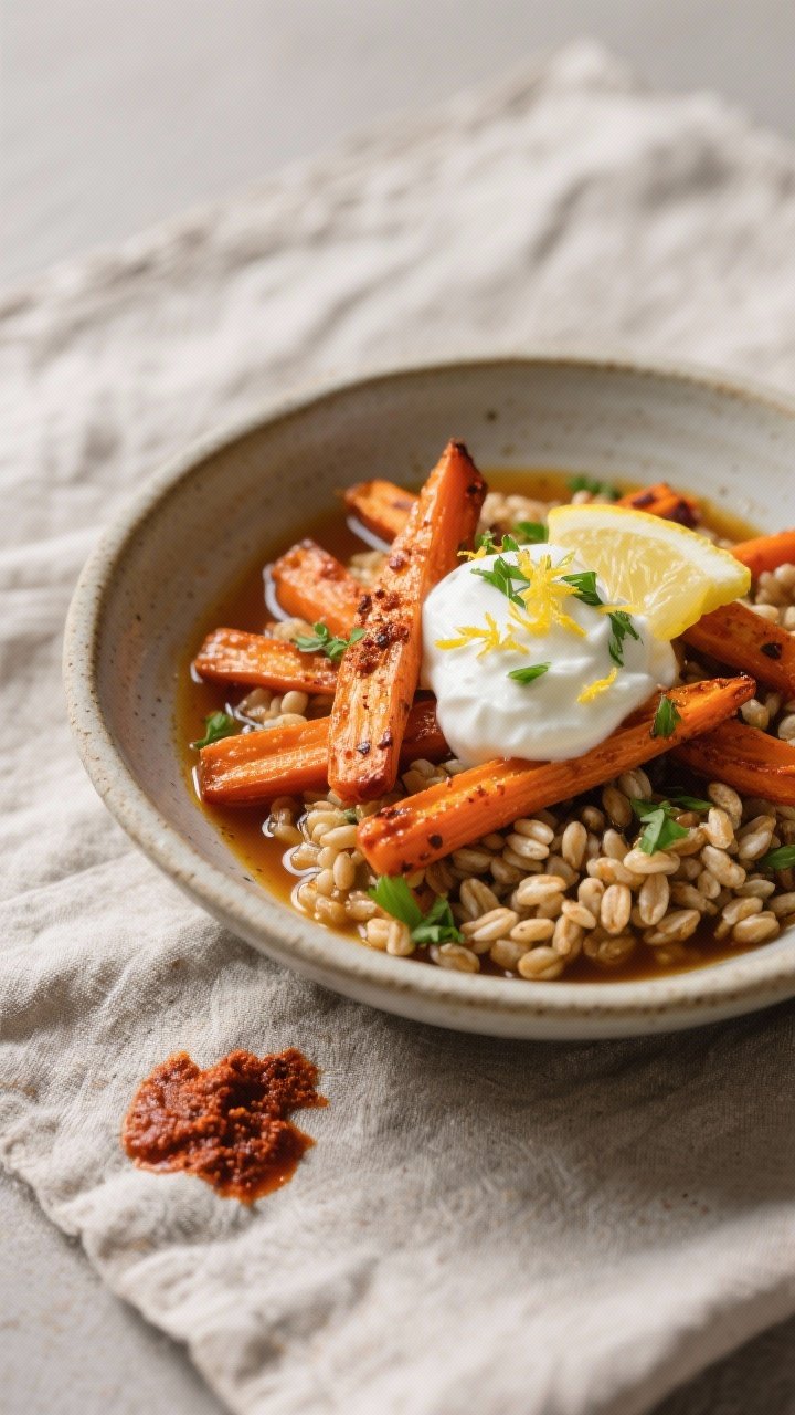 45-degree composed bowl of harissa roasted carrot and farro: pearled farro cooked in vegetable broth at the base, topped with carrot sticks roasted in olive oil, harissa, and ground cumin until caramelized; dollops of lemon yogurt, sprinkle of chopped herbs, and lemon zest; served in a ceramic bowl on a textured linen with extra harissa smear nearby.